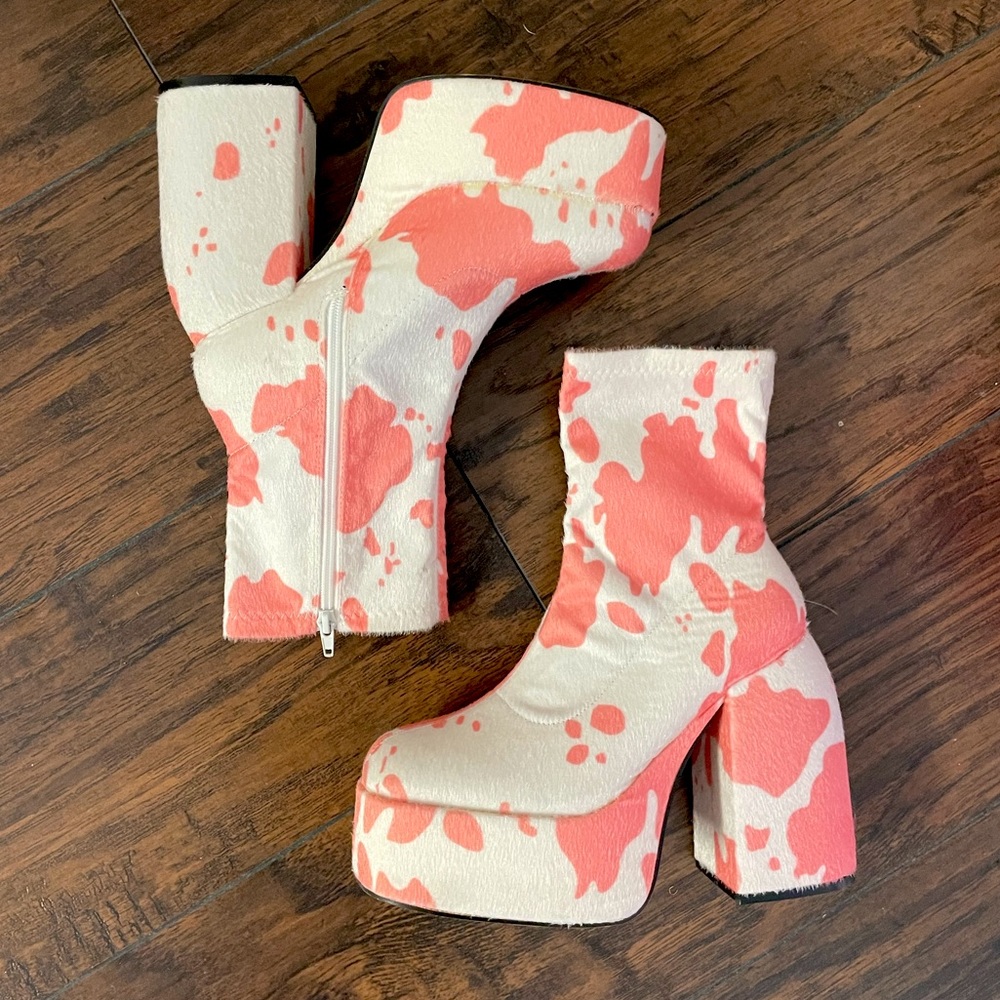 Pink Cow Print Chunky Heeled Boots Size 9